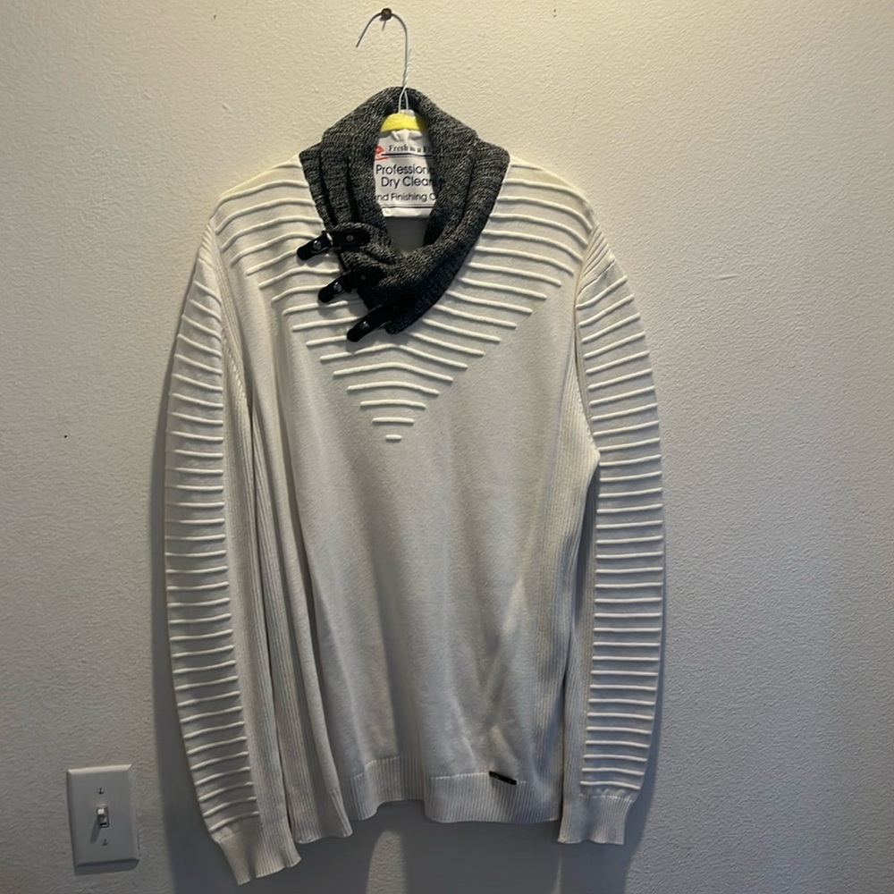 White Textured Sweater with Gray Clip Turtleneck